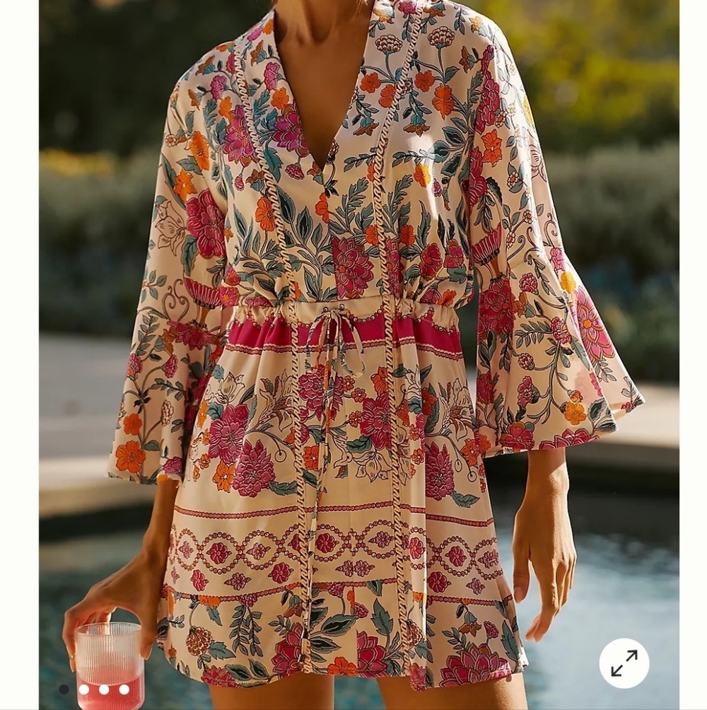 Anthropologie Maaji Marlee Long-Sleeve V-Neck Mini Kaftan Medium